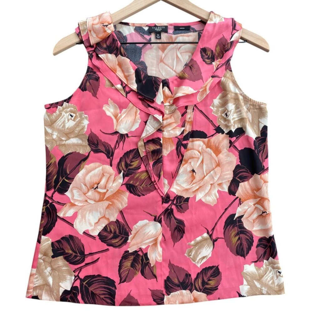 Talbots Stretch Silk Rose Ruffle Front Pink Blouse Top Women's Size 6P